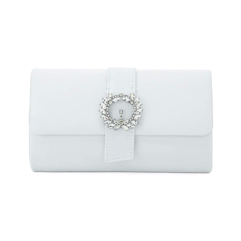 CHARMING TAILOR Evening Bag Diamantes Embellished Satin Clutch Purse for Woman Classy Party Handbag with Beaded Brooch (White) - Image 1